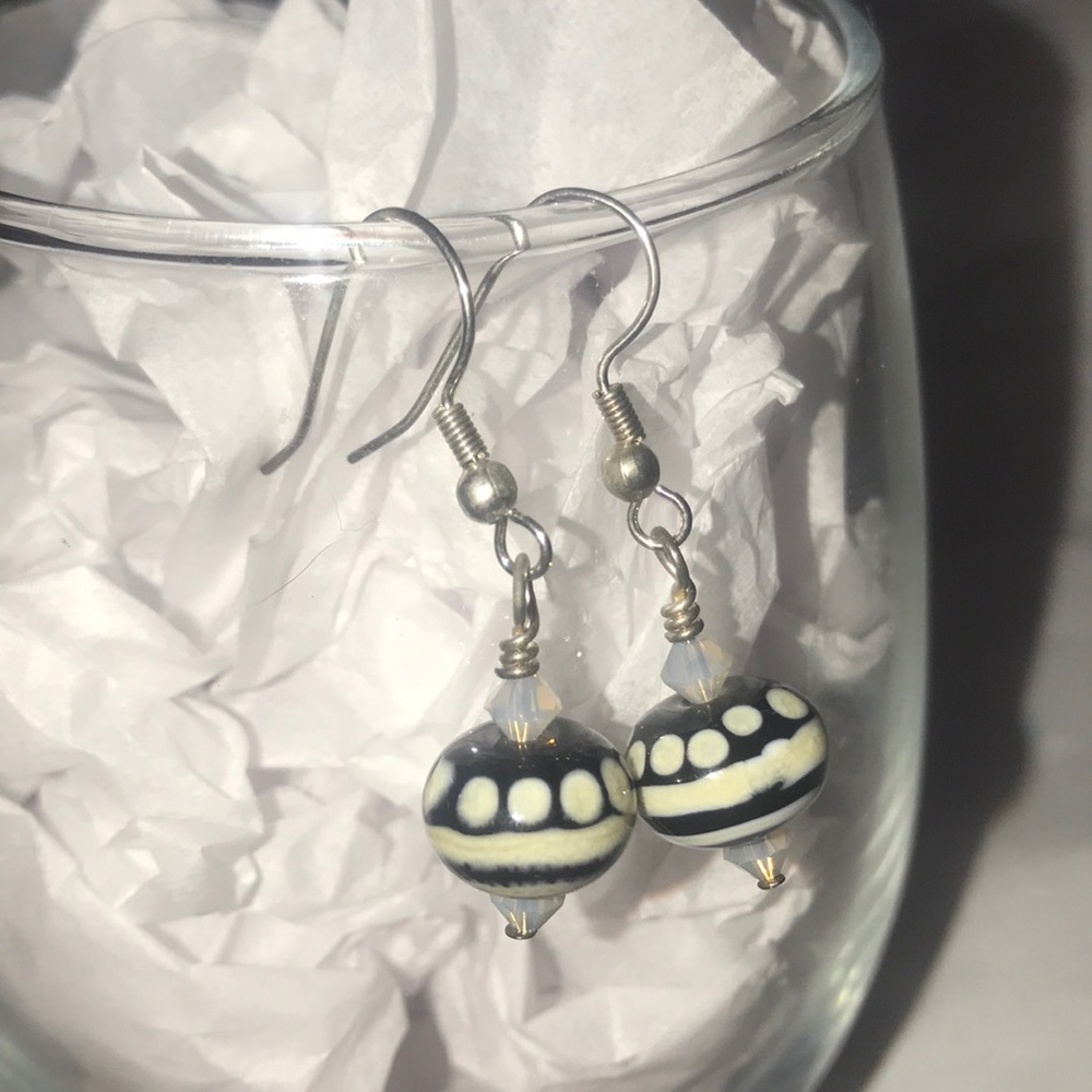 Black White Handblown Glass Dangle Earrings